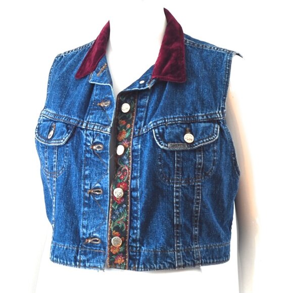 Lee 1990's Denim Vest With Riveted Buttons, Velvet Collar & Trim - USA - Picture 2 of 6